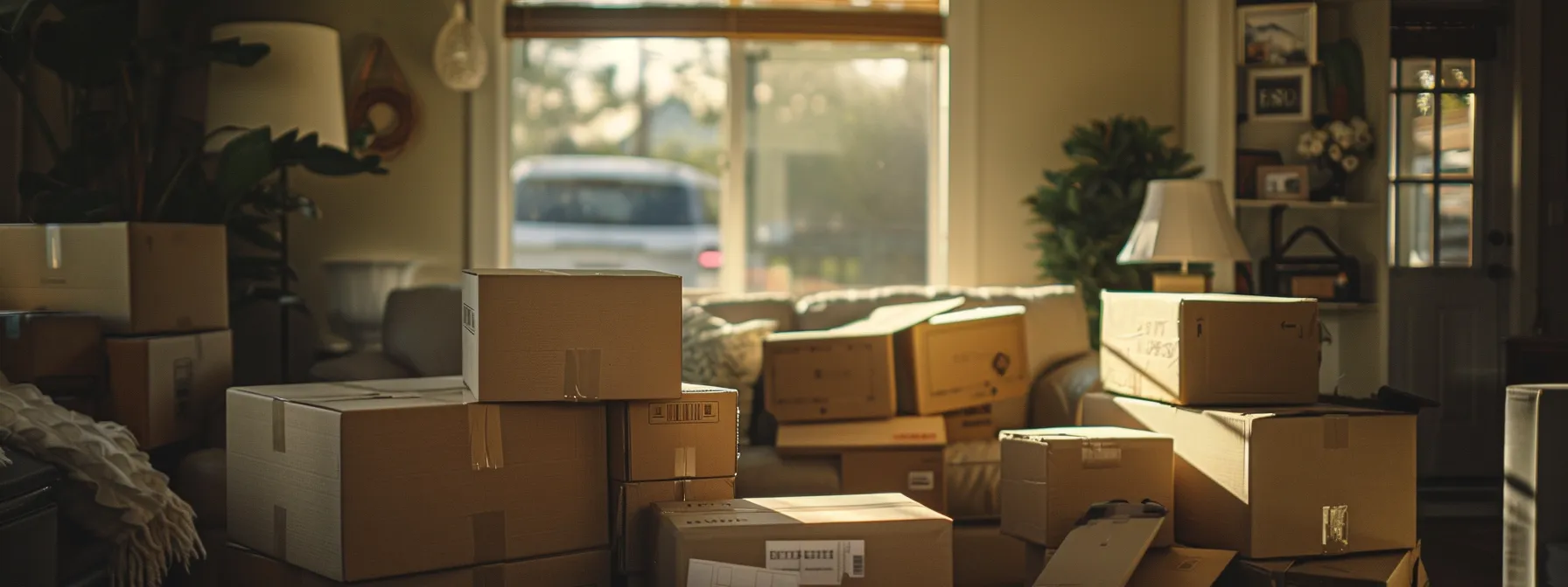 an array of moving boxes stacked neatly in a living room, with a moving truck visible through the window, showcasing the anticipation and preparation for a local move.