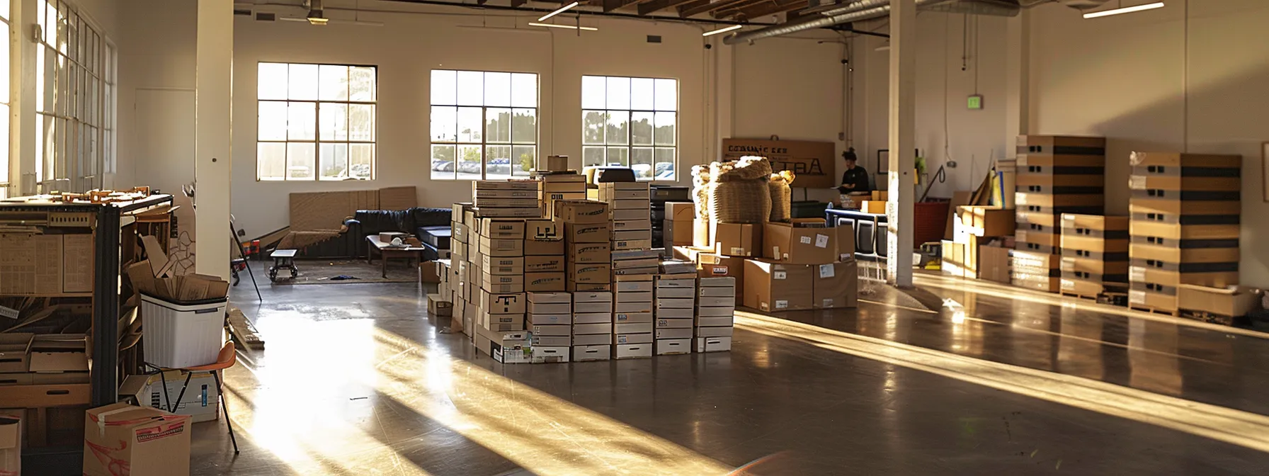 a bright, spacious room filled with moving boxes, packing supplies, and a team of movers discussing quotes and services in jacksonville.