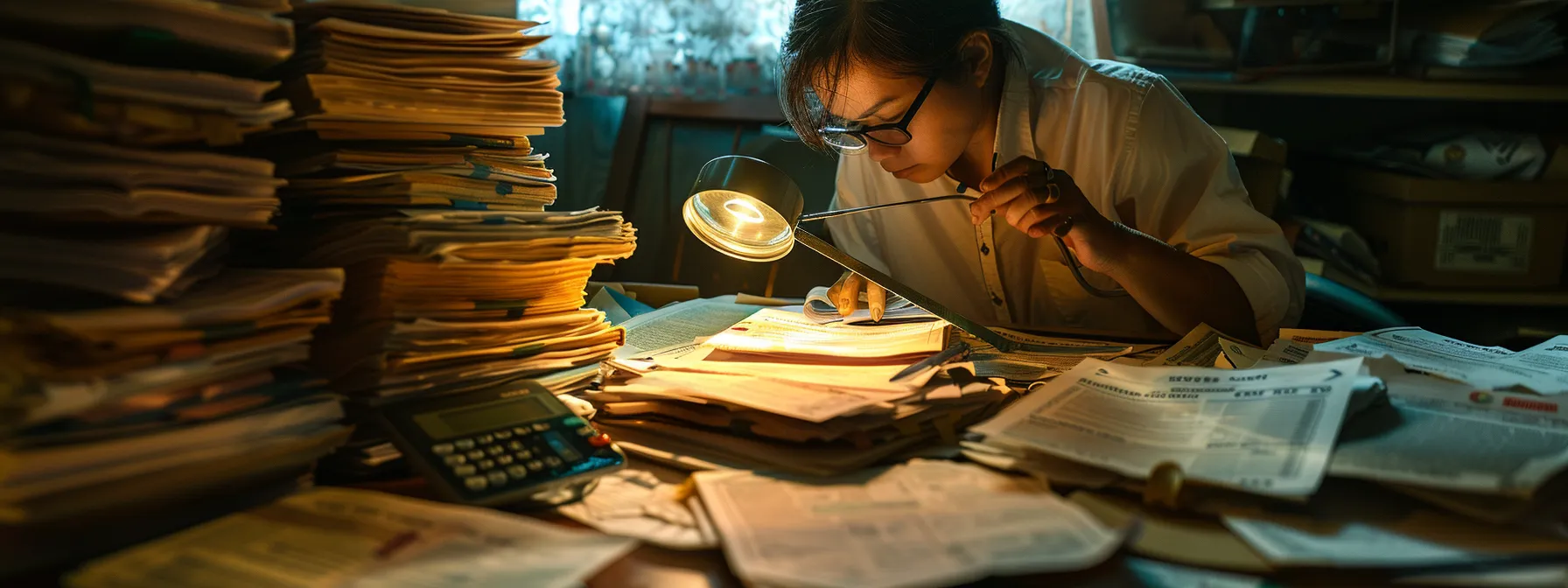 a person carefully examining a moving estimate with a magnifying glass, surrounded by stacks of paperwork and a calculator, looking determined to avoid hidden fees.