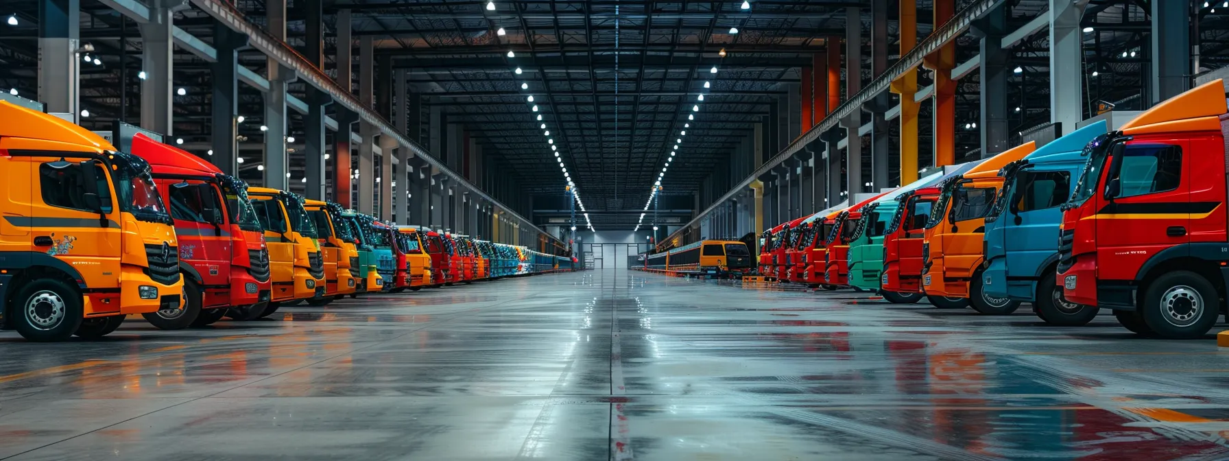 a row of colorful moving trucks lined up in a spacious warehouse, with ratings and contact information displayed prominently on each vehicle.