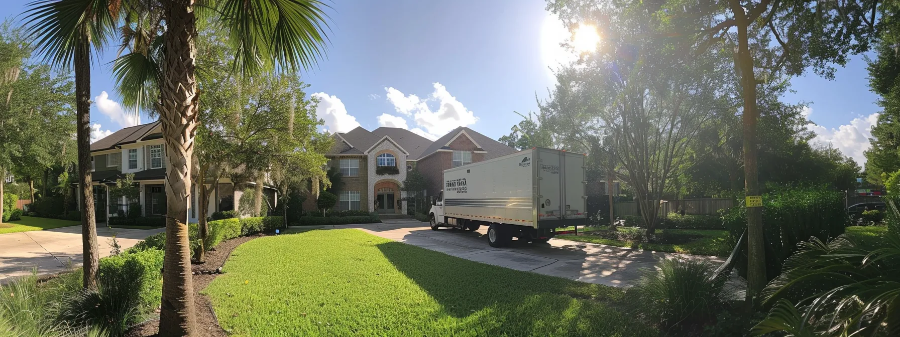 a sunny backyard with a moving truck parked in front of a neatly packed house, showcasing skinner moving & storage's efficient jacksonville moving services.