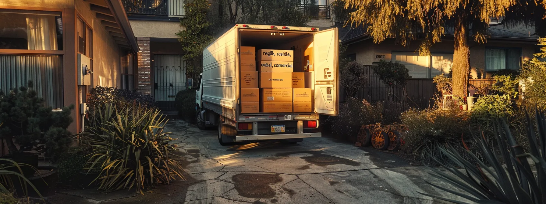 a moving truck parked in front of a house, packed with boxes labeled 