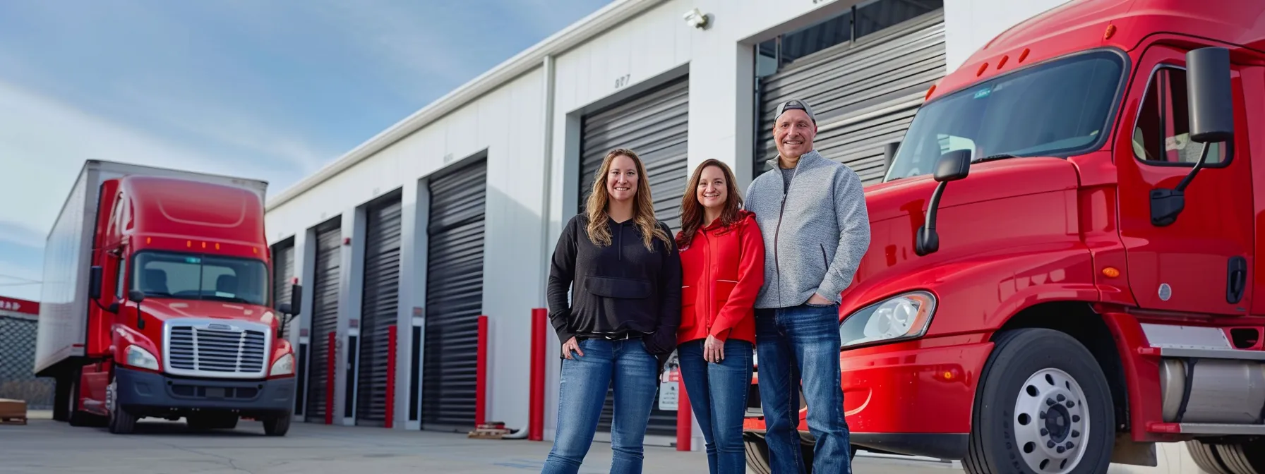 a family standing in front of a modern, secure storage facility with moving trucks, ready to choose the right moving and storage company in jacksonville.