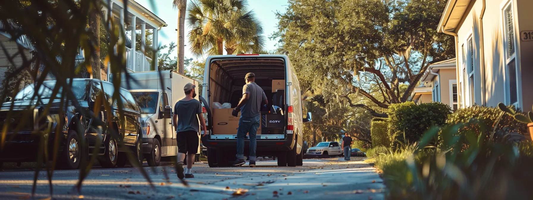 a group of professional movers expertly navigating through a busy jacksonville neighborhood, seamlessly handling unique items with a backdrop of moving trucks and storage solutions.