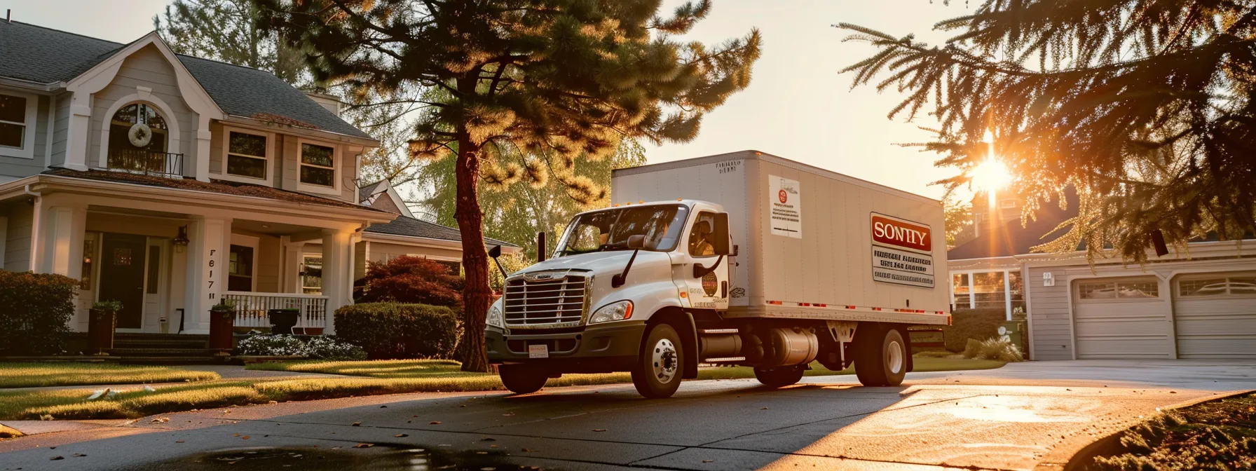 a moving company truck parked in front of a house, displaying federal motor carrier safety administration license and insurance certificates prominently on the vehicle.