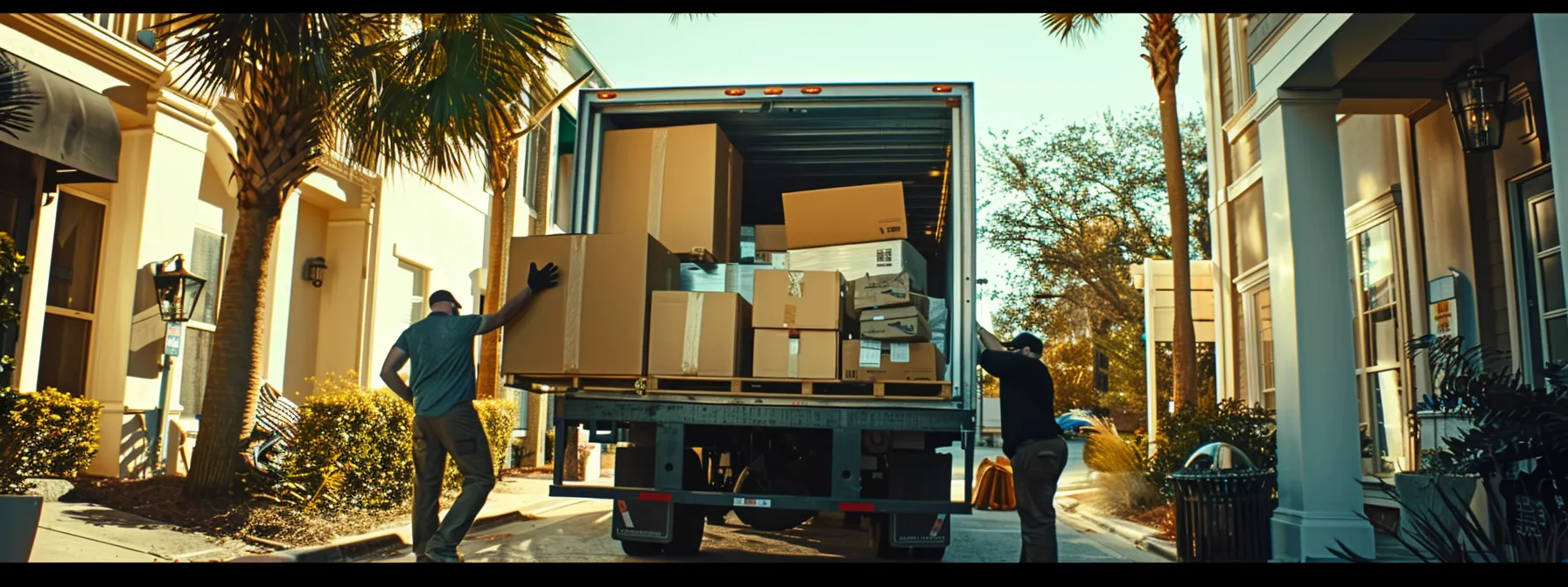 a professional team from skinner moving & storage carefully packing and loading boxes onto a moving truck in jacksonville, fl.