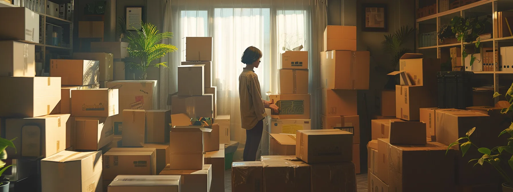 a person stands in a room surrounded by piles of moving boxes, calculating different cost estimates with a focused expression.