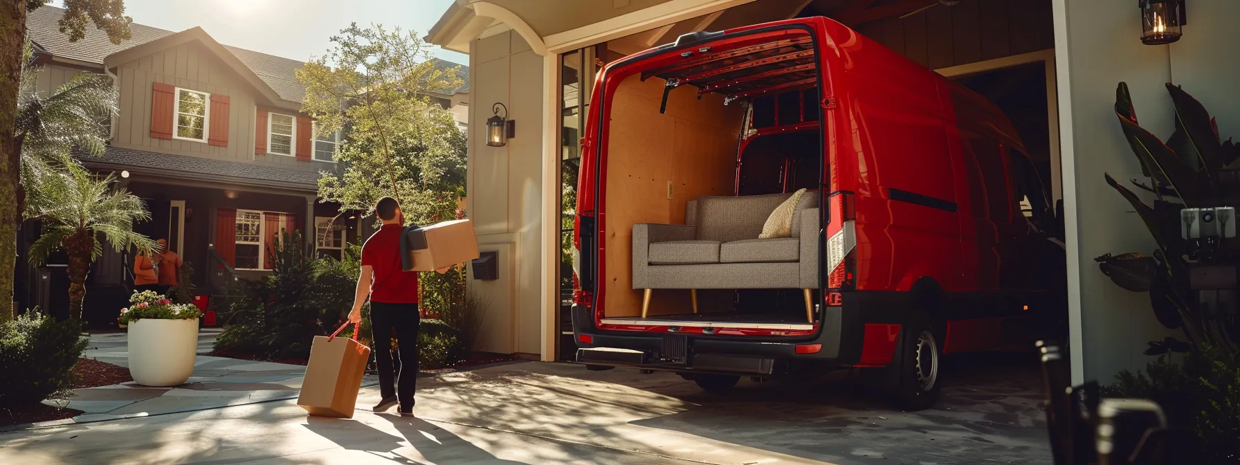 a group of movers carefully loading a sleek, modern sofa into a bright red moving van in jacksonville.