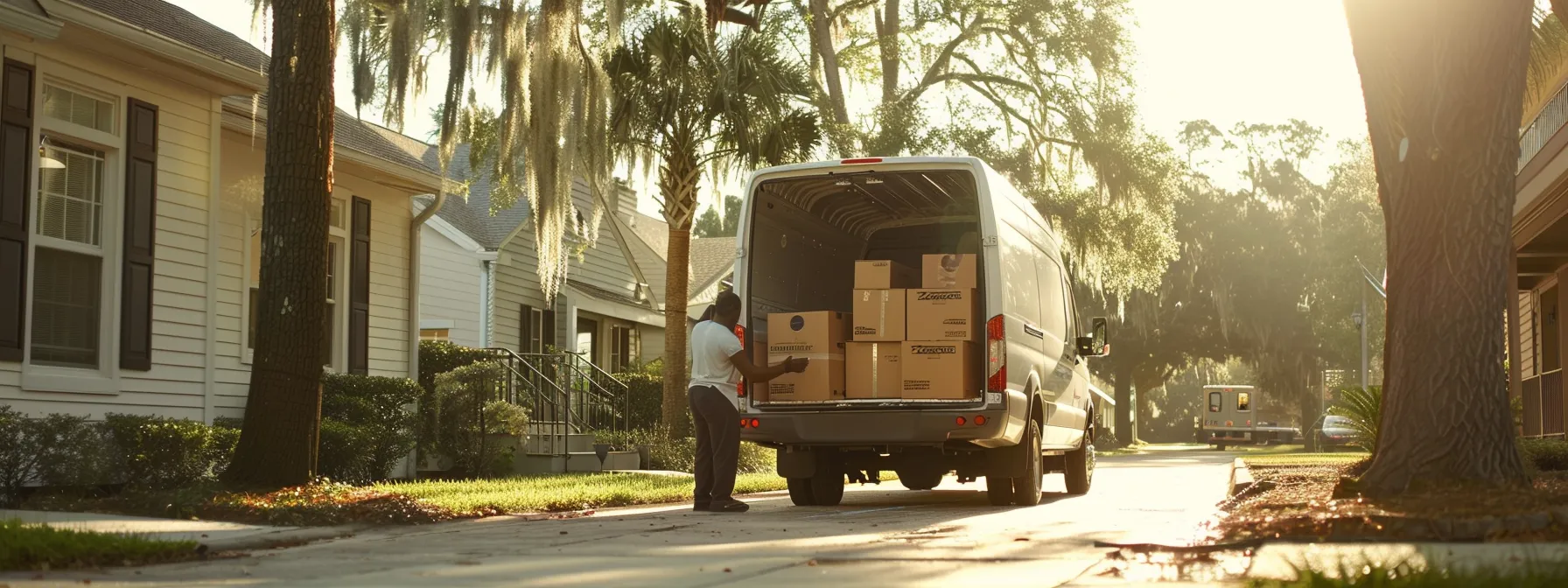 a professional moving crew carefully loading boxes and furniture into a sleek, white moving truck in a sunny jacksonville neighborhood.