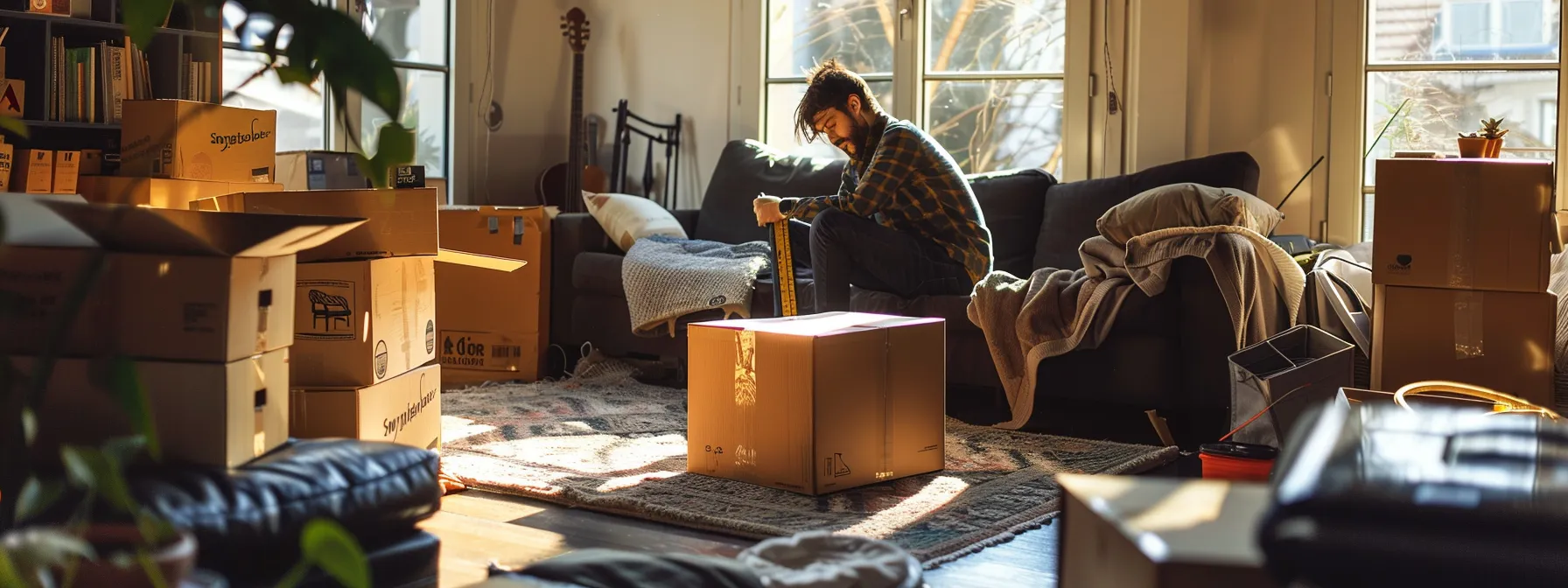 a person meticulously measuring and noting down the dimensions of large furniture items in a well-lit room filled with moving boxes and packing supplies.