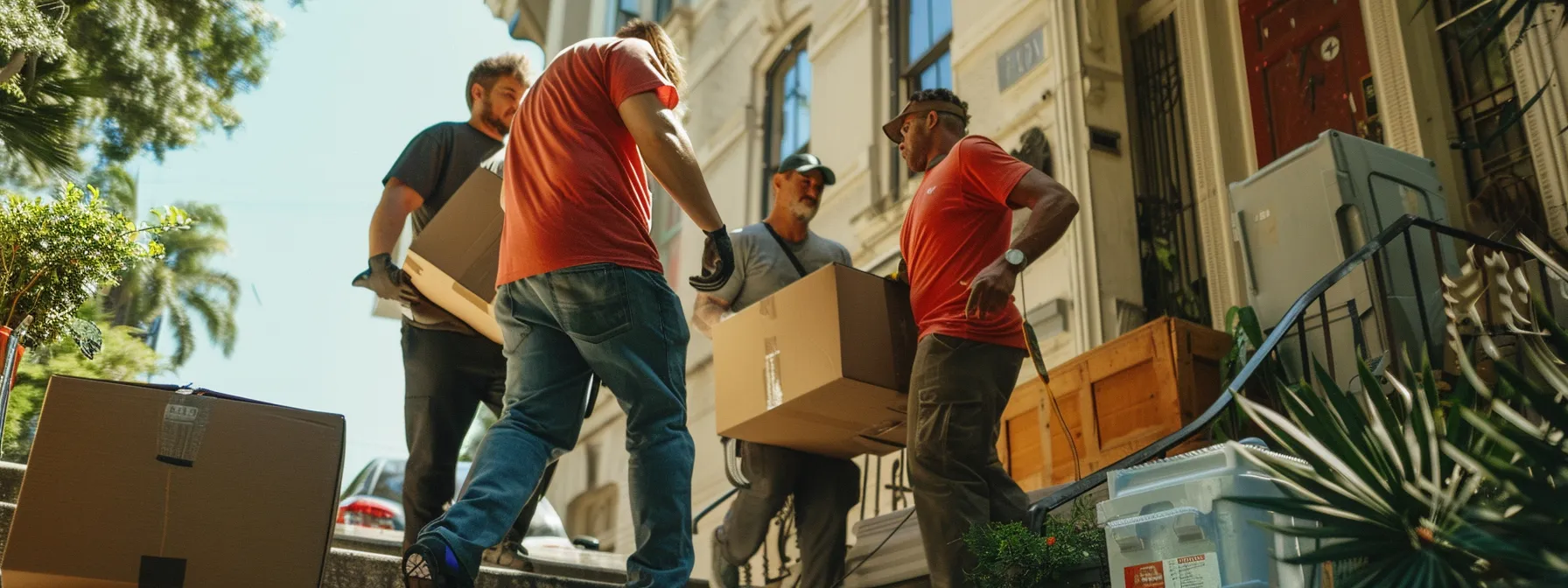 a group of strong movers in jacksonville, fl effortlessly carrying heavy furniture up a staircase with determination and coordination.