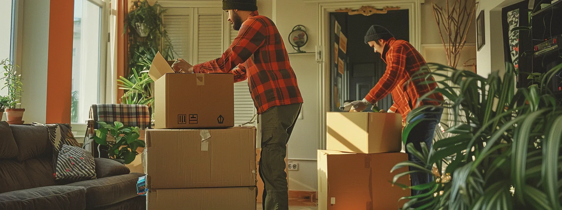 a group of skilled movers carefully packing boxes with precision and efficiency in a spacious and organized living room.