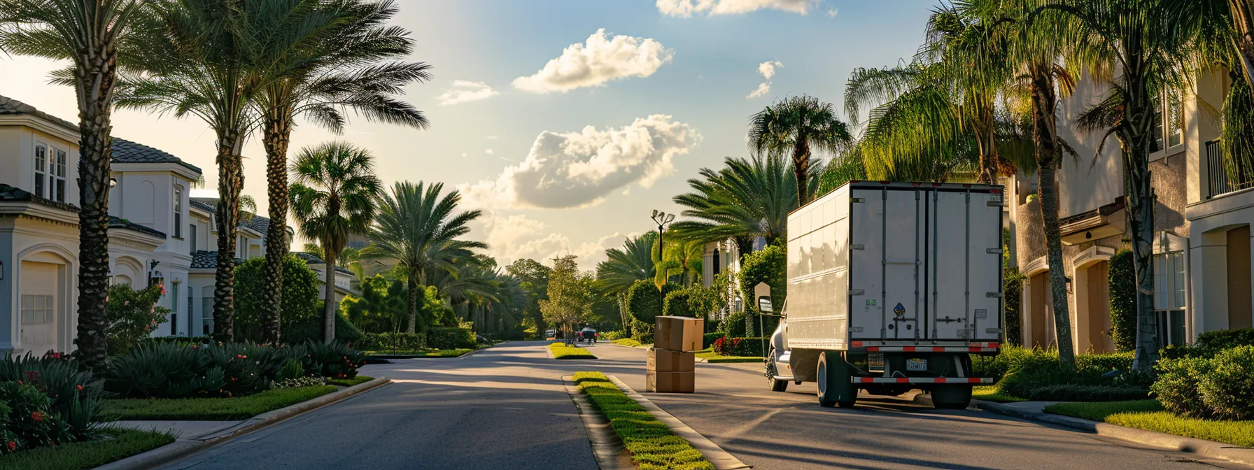 a moving truck parked on a palm-lined street in jacksonville, with a friendly local mover helping a family unload boxes into a new home.