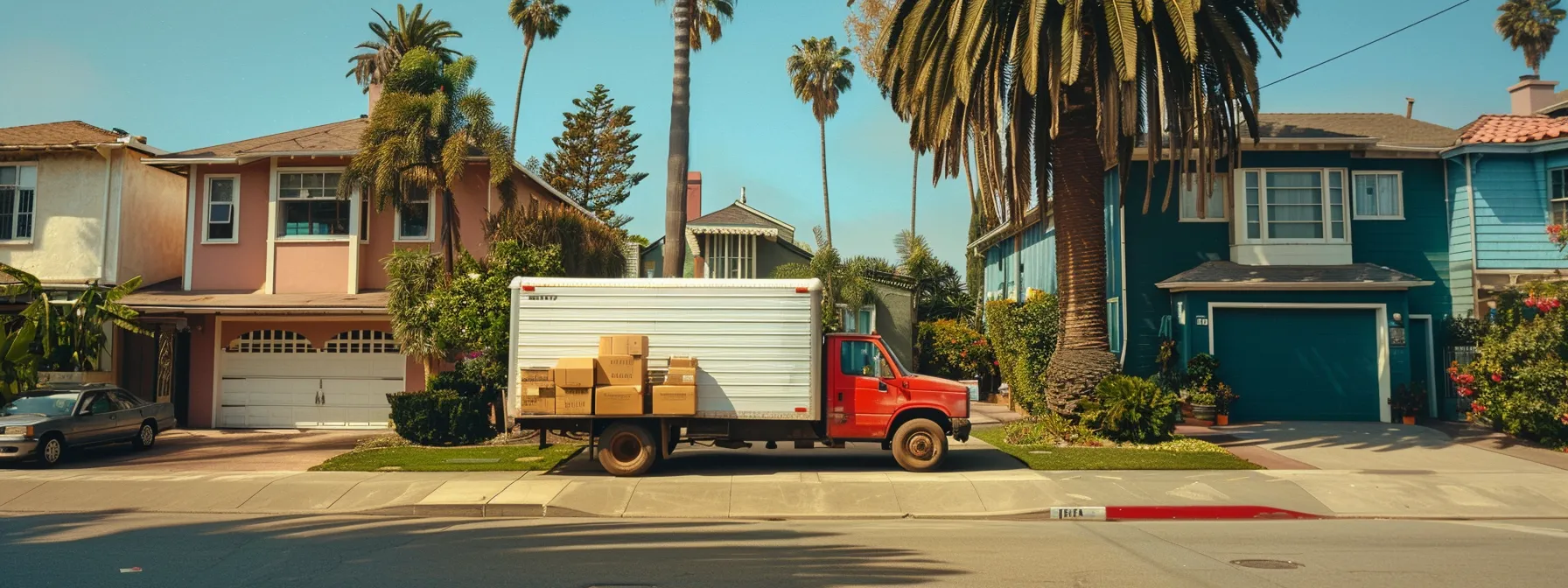 a moving truck parked in front of a vibrant house with a bustling team of movers loading boxes and furniture.