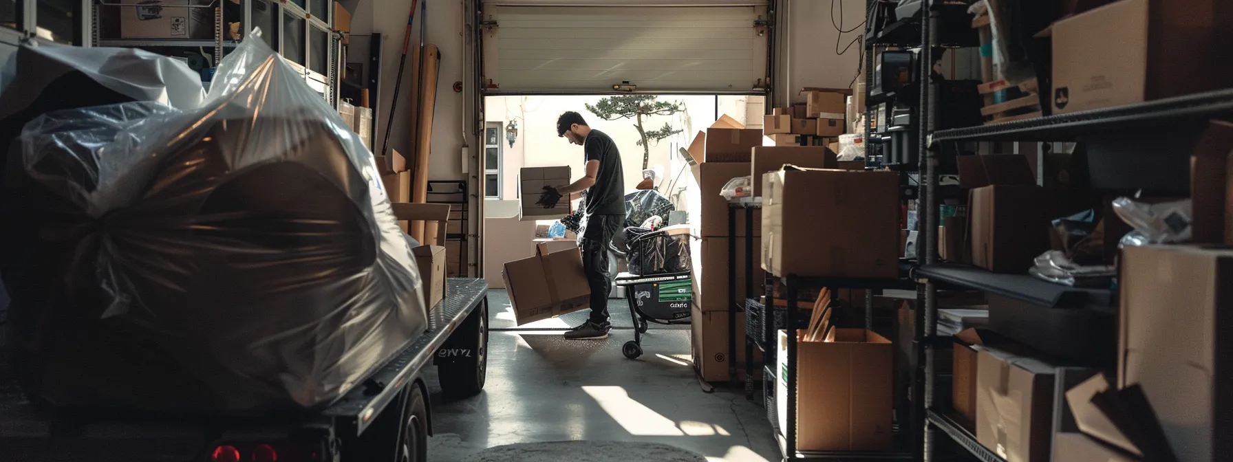 a team of skilled movers carefully wrapping and loading furniture into a spotless moving truck, surrounded by neatly stacked moving boxes and packing materials.