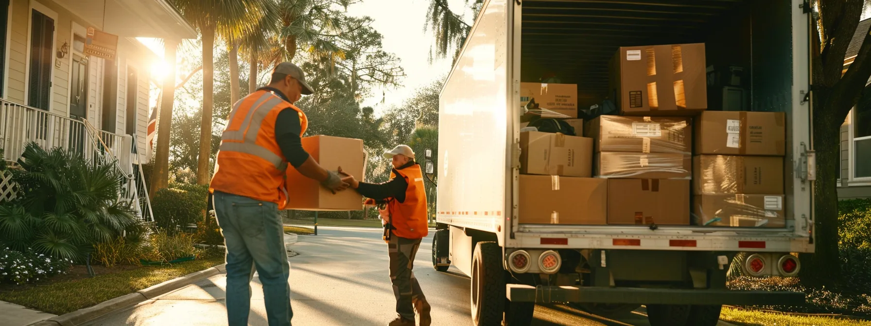 a professional moving team carefully packing and loading boxes into a secure truck, symbolizing efficiency and trustworthiness as jacksonville's premier moving experts.