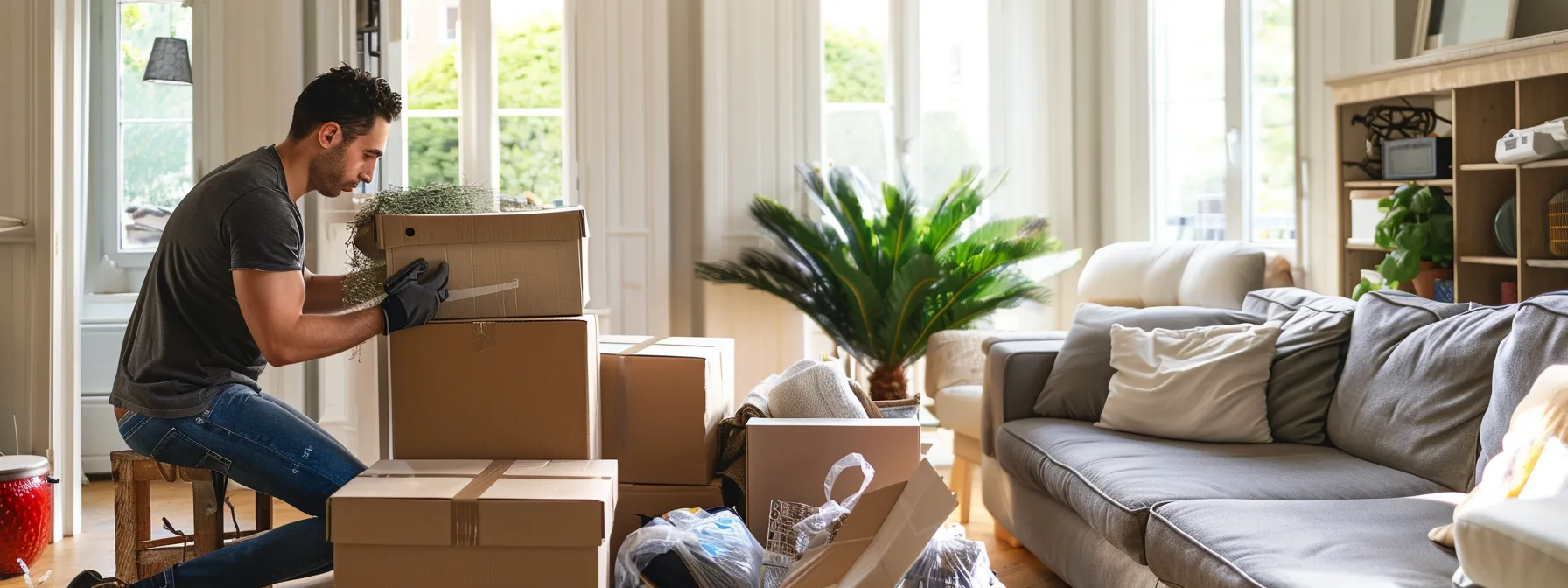 a professional mover carefully packing items into a labeled box in a well-organized living room during daylight hours.