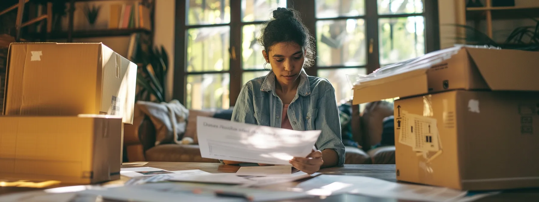 a person carefully comparing local and long distance movers' services and costs, surrounded by paperwork and moving boxes.