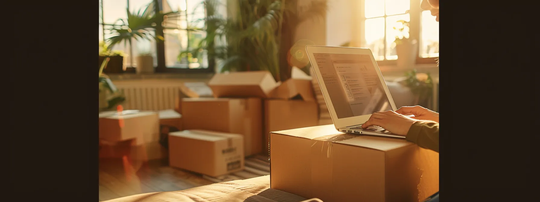 a person comparing online moving quotes on a laptop while surrounded by moving boxes in a sunlit room.