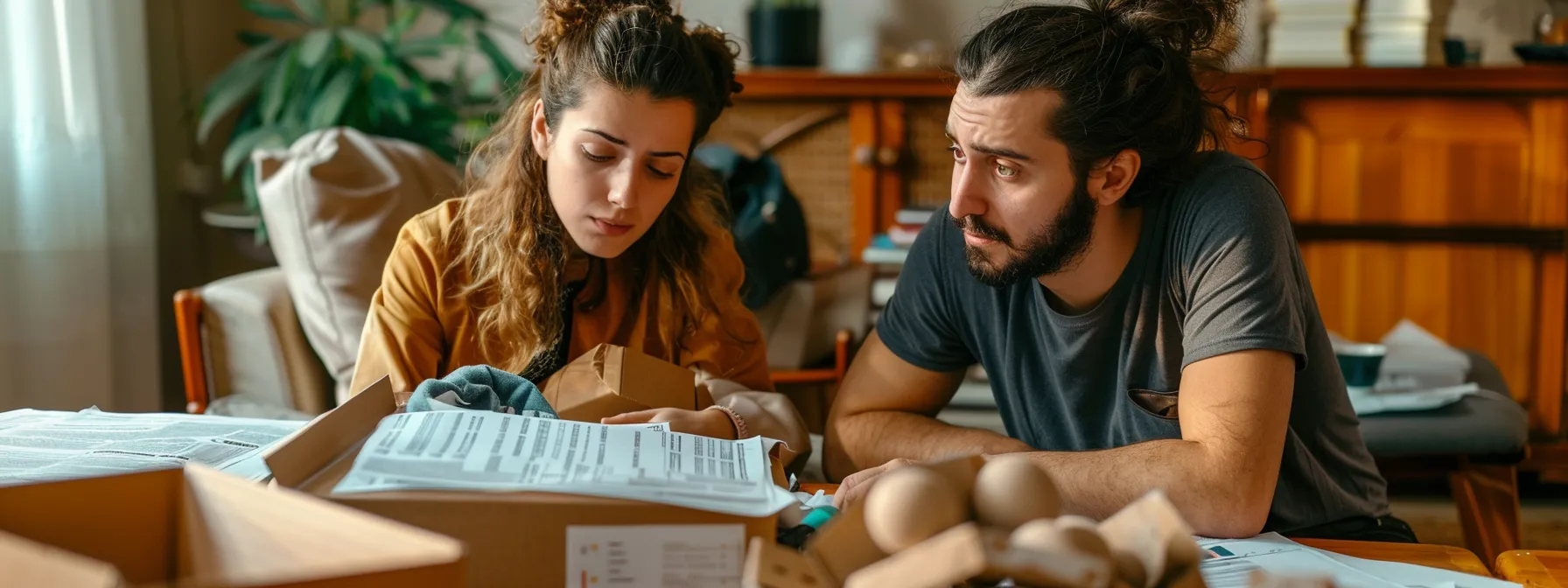 a couple surrounded by a stack of moving boxes and a detailed estimate sheet, looking concerned and analyzing costs for their long distance move.