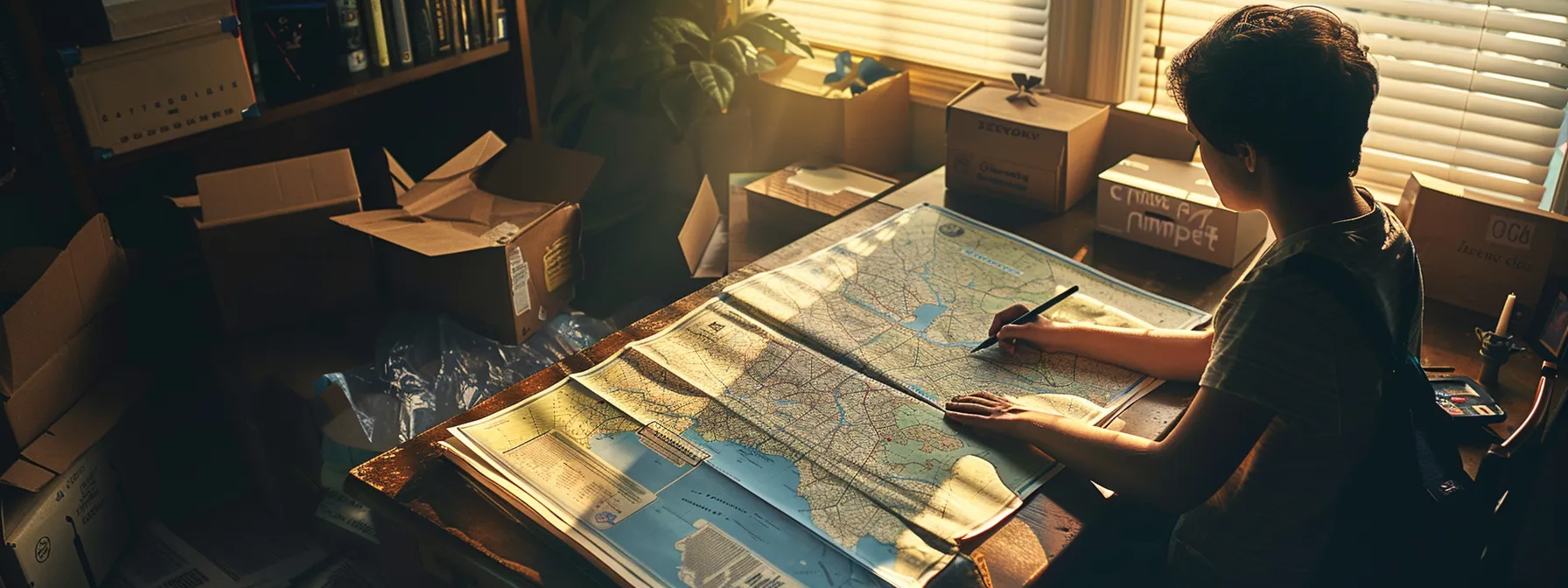 a person studying a detailed map of jacksonville, fl surrounded by moving boxes and a calendar, planning their relocation with precision.