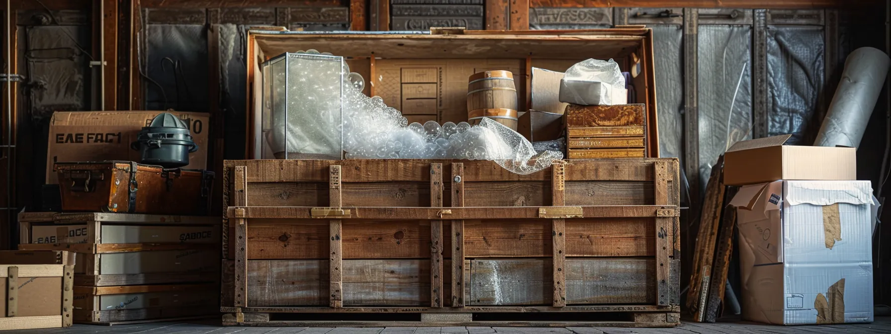 a sturdy wooden crate filled with delicate antiques securely packed and ready for transit, surrounded by bubble wrap and packing materials for protection.