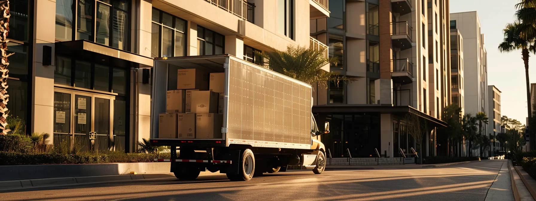 a spacious moving truck filled with neatly stacked moving boxes parked outside a modern apartment building in jacksonville.