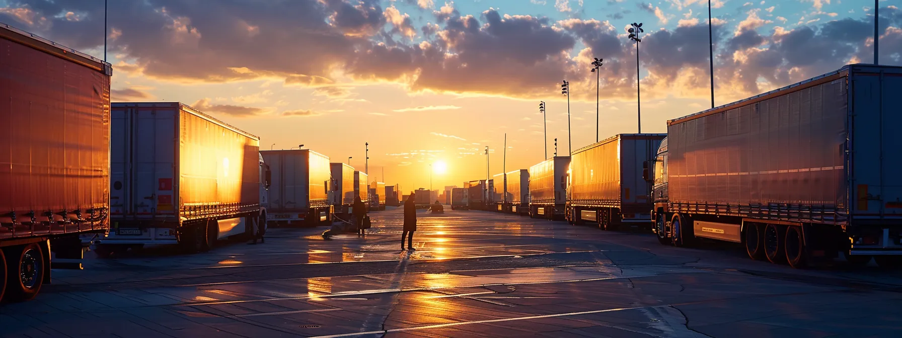 a person carefully inspecting a line-up of large moving trucks with varying sizes and quality, making a decision on which to choose.