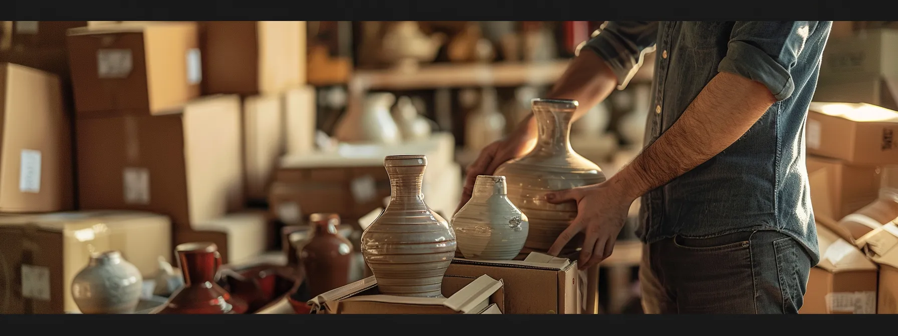 a professional packer carefully wrapping delicate antique vases in protective materials, surrounded by labeled moving boxes ready for transport.