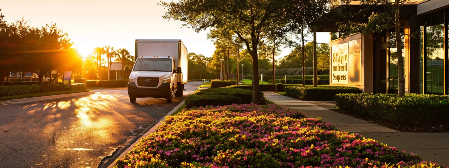 a bright moving truck parked in front of a welcoming skinner moving & storage office, with the sun shining on the sign advertising 