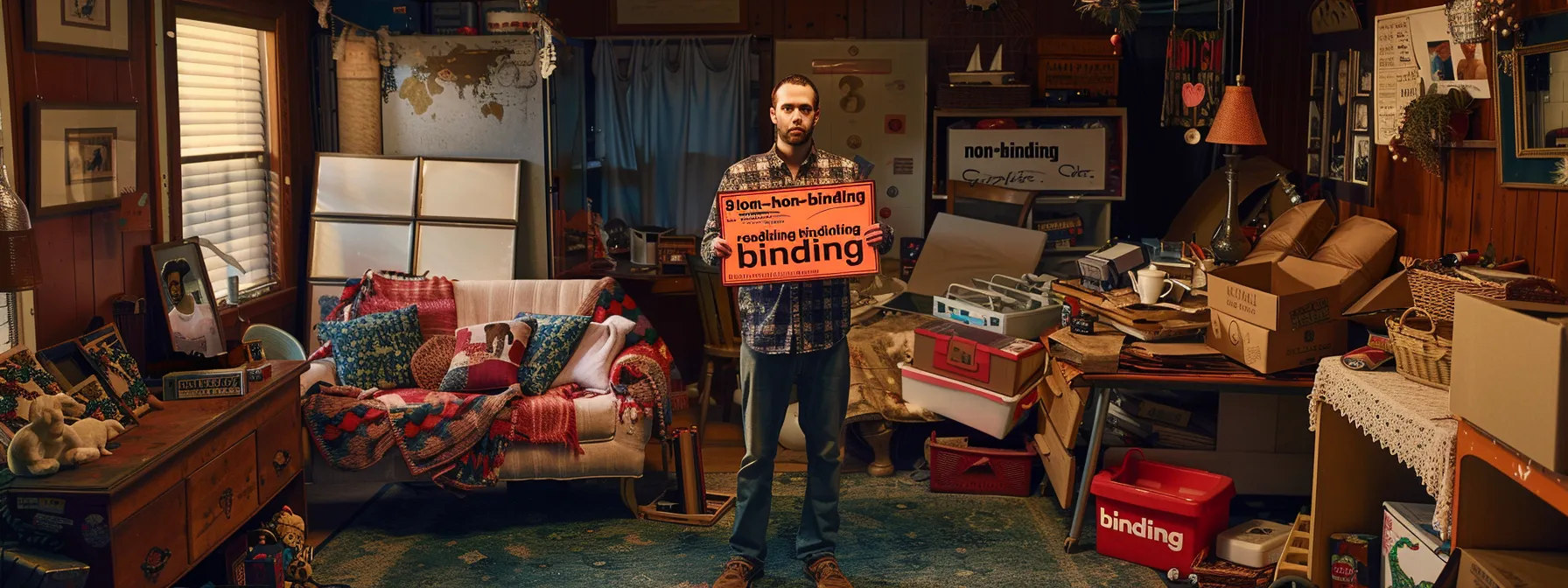 a moving company representative holding up two signs labeled 