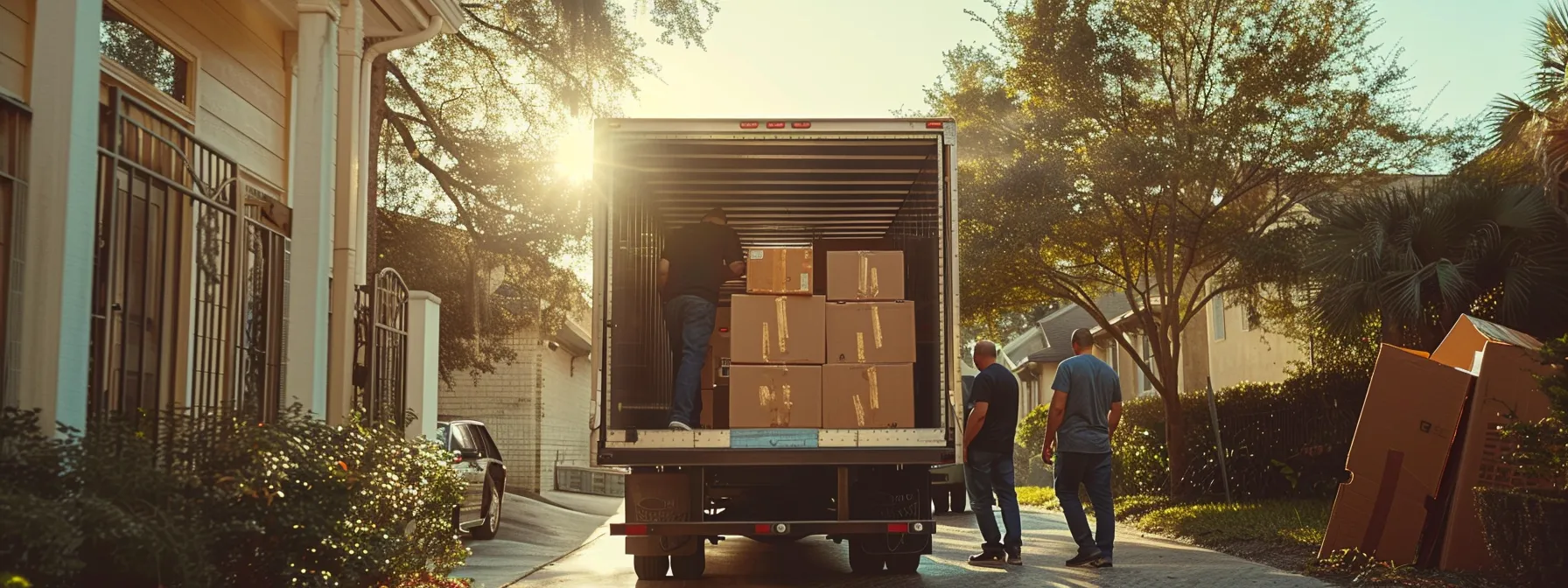 a team of professional movers carefully loading a moving truck in jacksonville, fl.