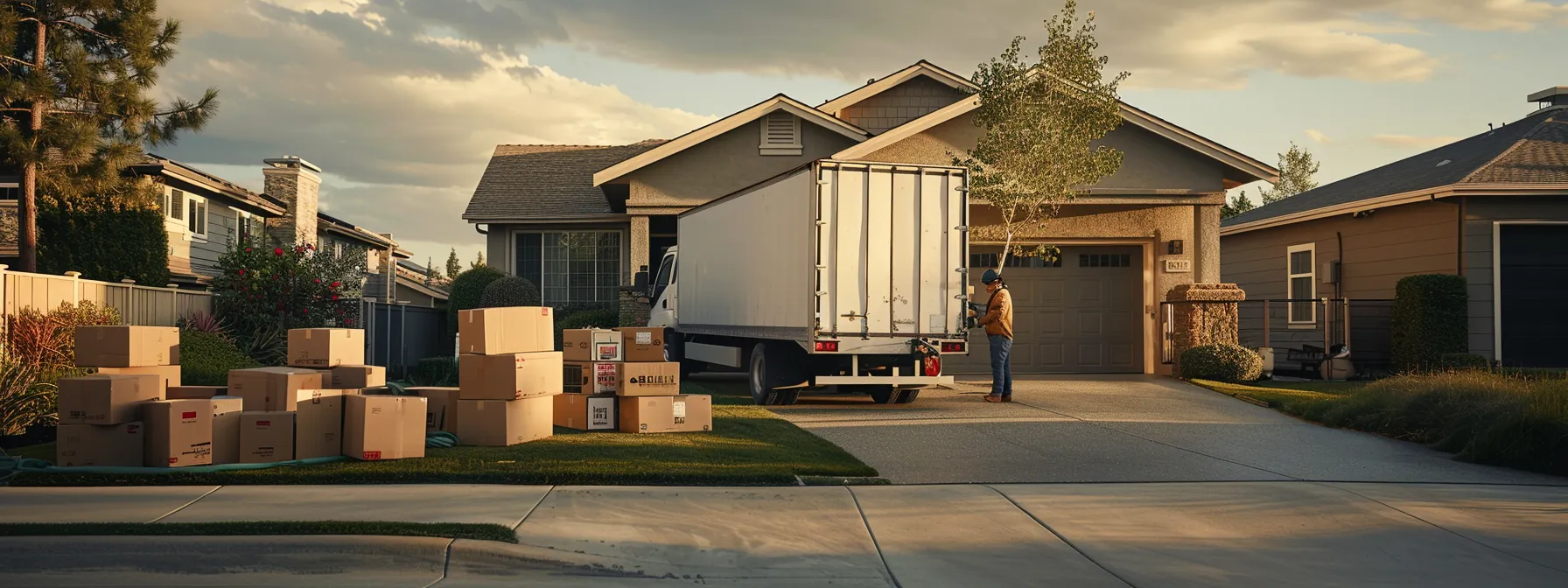 a moving truck parked in front of a suburban home, surrounded by moving boxes and packaging materials, with movers carefully handling delicate items.