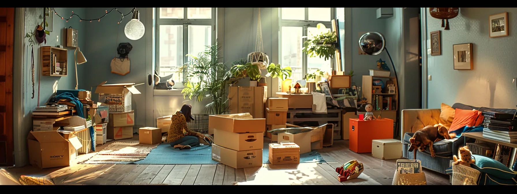 a person carefully unpacking boxes in a cluttered room, surrounded by children and pets playing around, juggling items to find creative storage solutions.