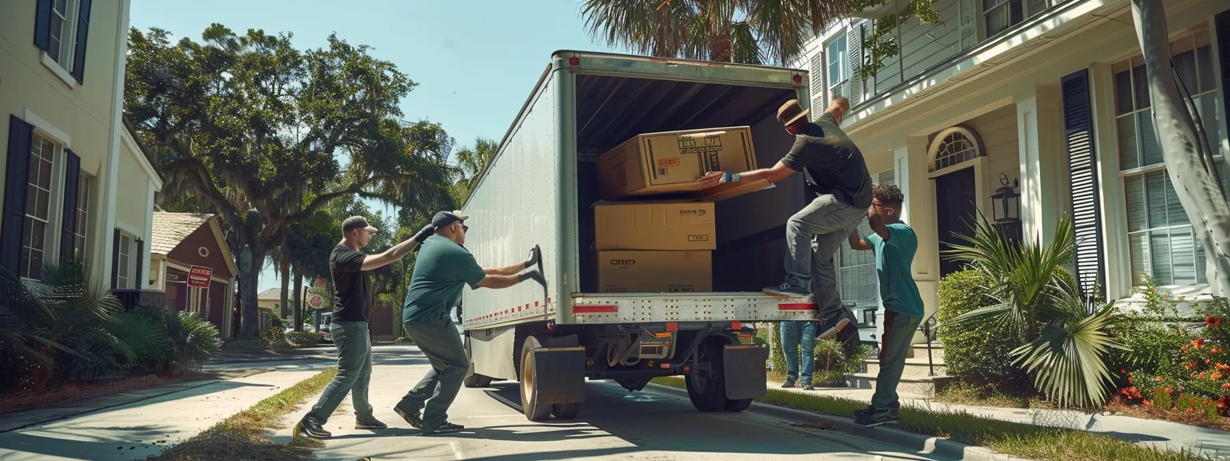 a group of movers effortlessly lifting heavy furniture into a truck in jacksonville on a sunny day.