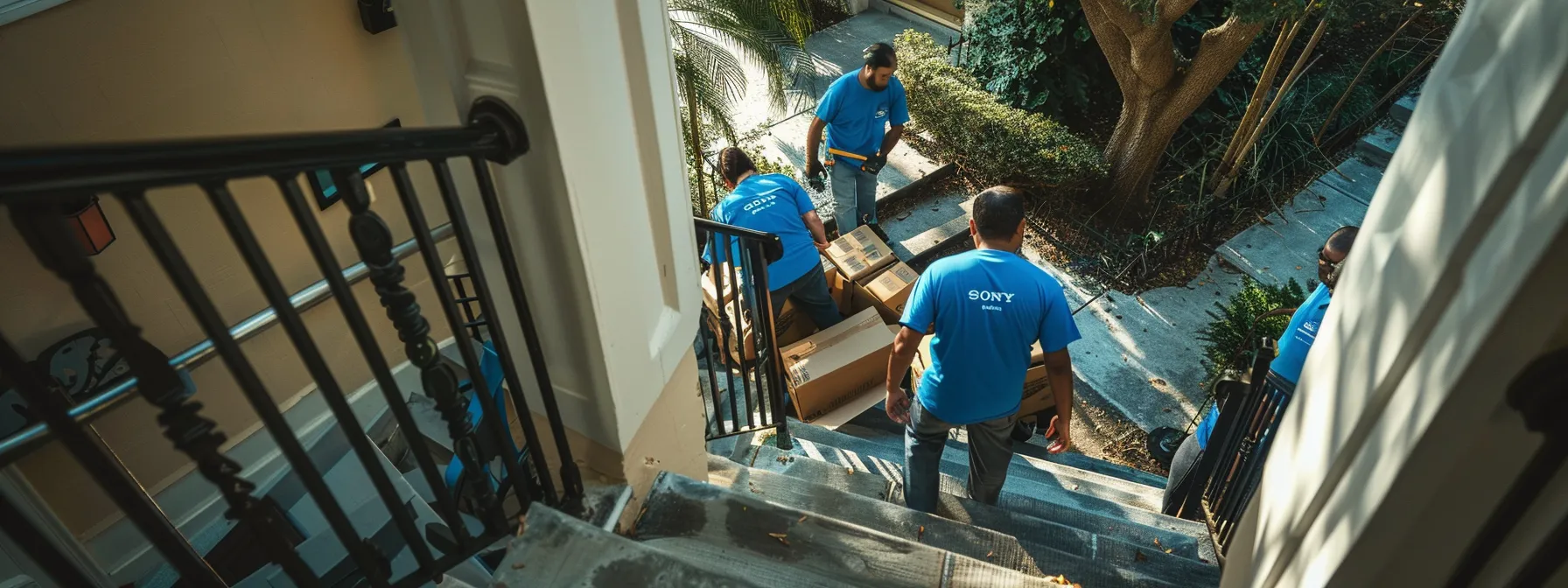 a group of diligent movers carefully transporting furniture down a narrow staircase in jacksonville, florida.