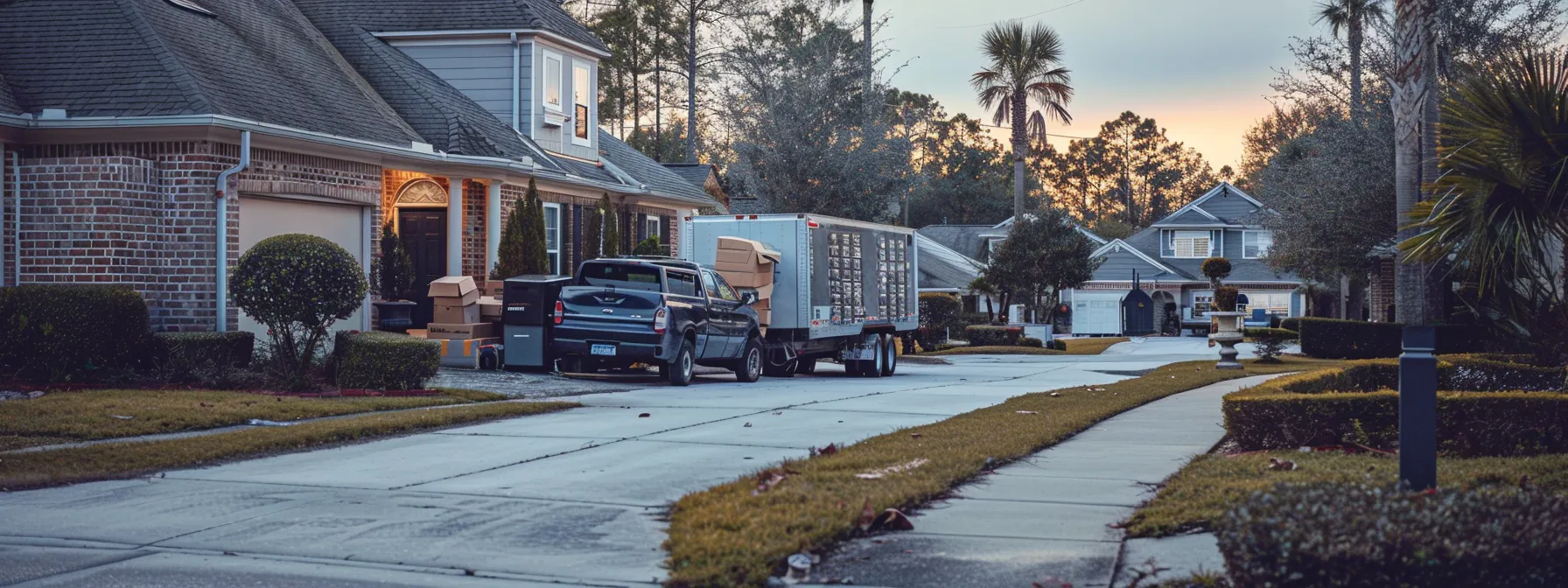 a busy moving truck parked in front of a jacksonville home, filled with boxes and furniture, ready to relocate a family to a new location.