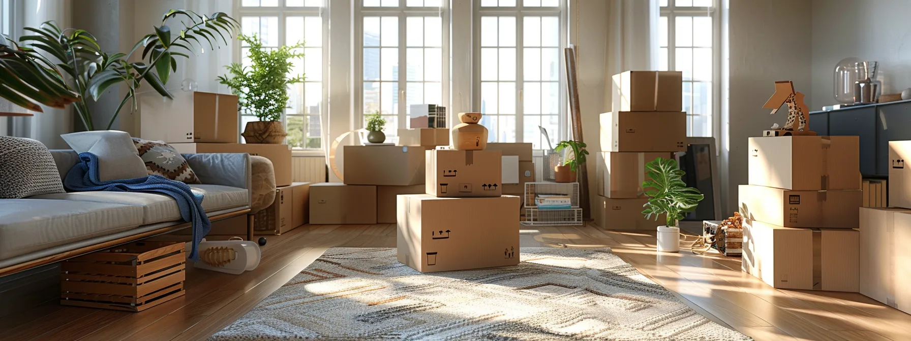 a clutter-free living room with boxes packed neatly, ready for a cost-effective local move.