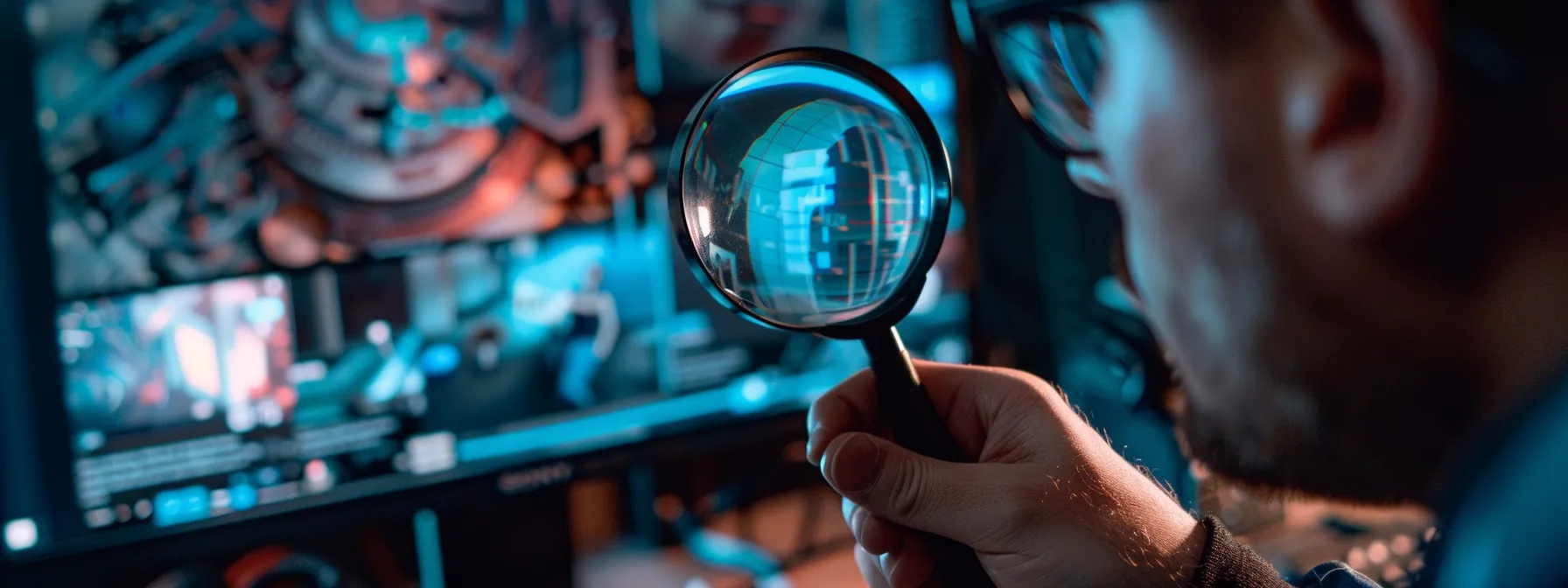 a person scrutinizing online reviews on a computer screen, with a magnifying glass in hand to detect fake feedback, highlighting the importance of authentic testimonials in the decision-making process.