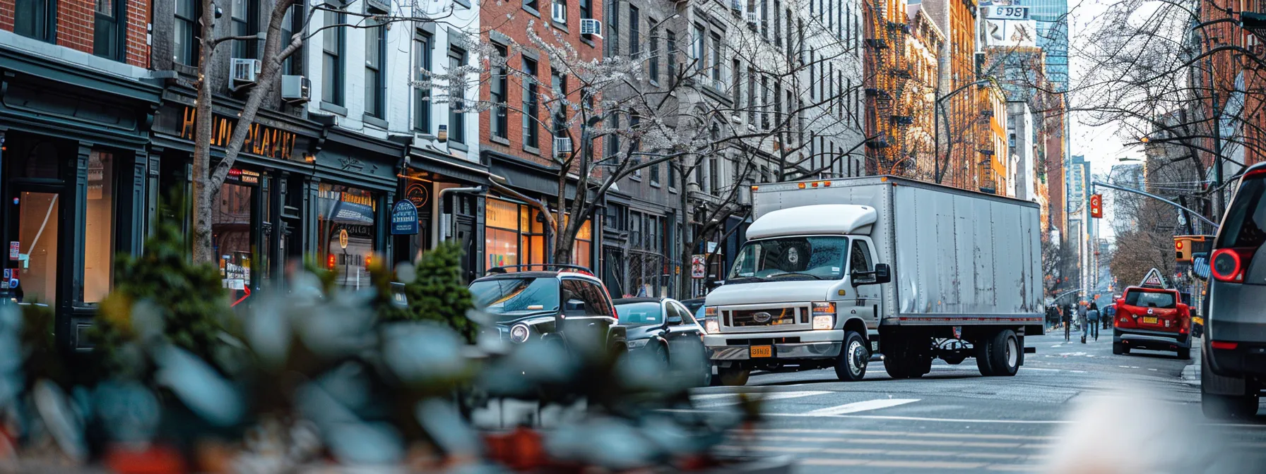 a moving truck parked in a bustling city street, symbolizing the difference between local and long distance moves.