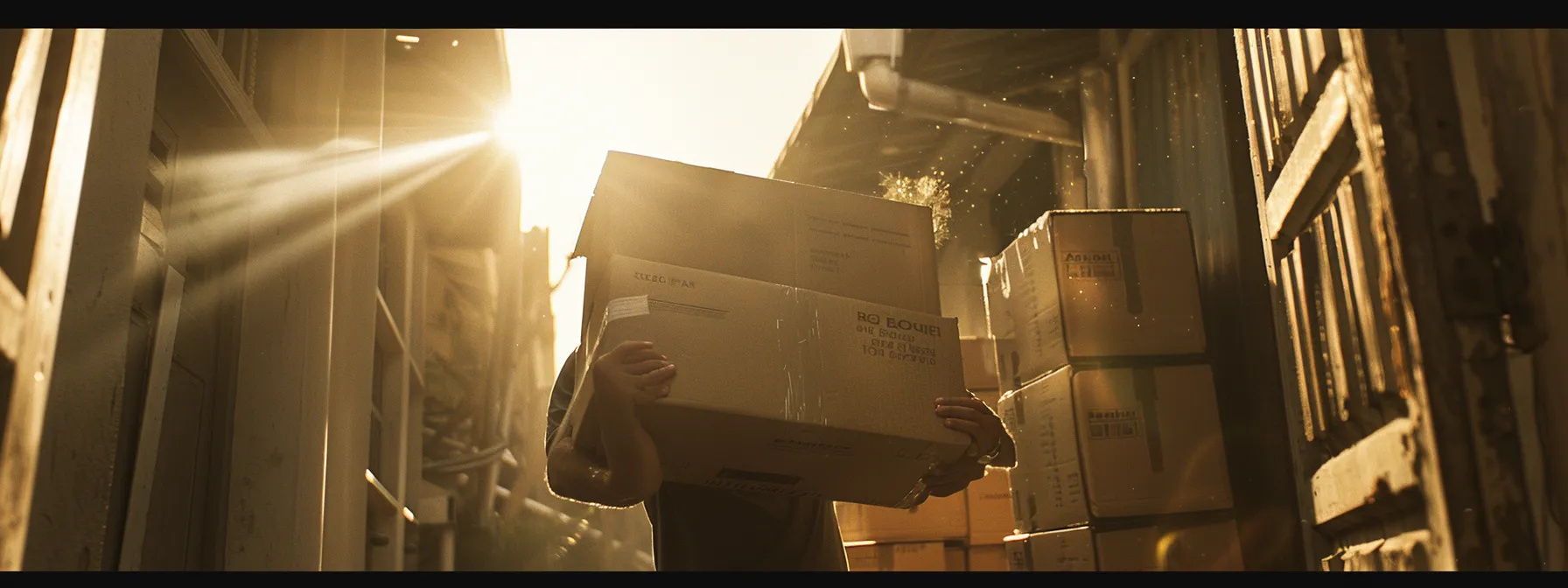 a person carrying a stack of boxes, sweating under the hot sun, as they prepare for a long distance move.