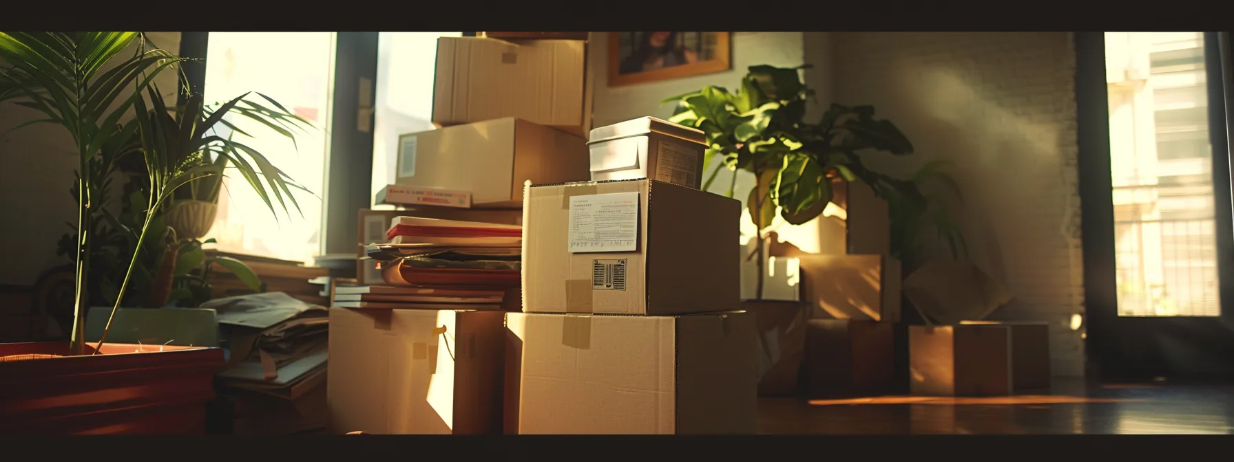 a stack of sturdy, labeled cardboard boxes in various sizes, ready to be filled with belongings for a personalized moving experience.