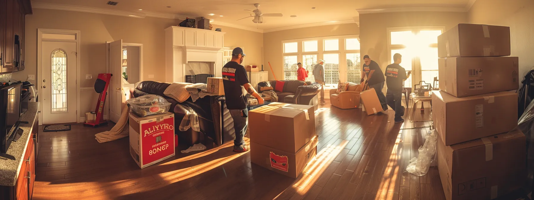 a group of professional movers in jacksonville, fl working efficiently and safely to help a family relocate, surrounded by moving boxes and furniture.