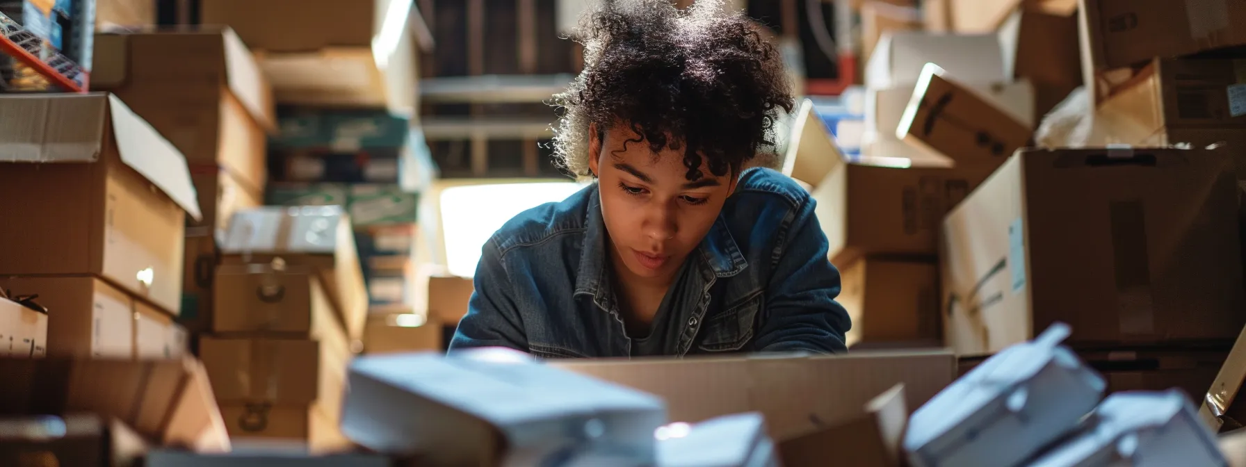 a person carefully examining different packing services with a thoughtful expression, surrounded by stacks of moving boxes of various sizes.