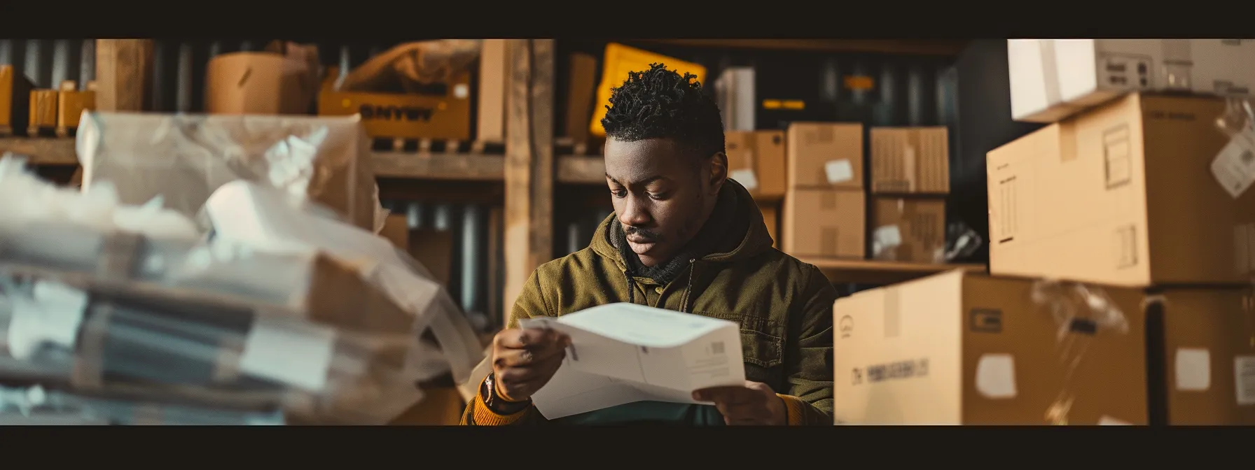 a person carefully reviewing detailed moving quotes with a focused expression, surrounded by organized piles of boxes and moving supplies.