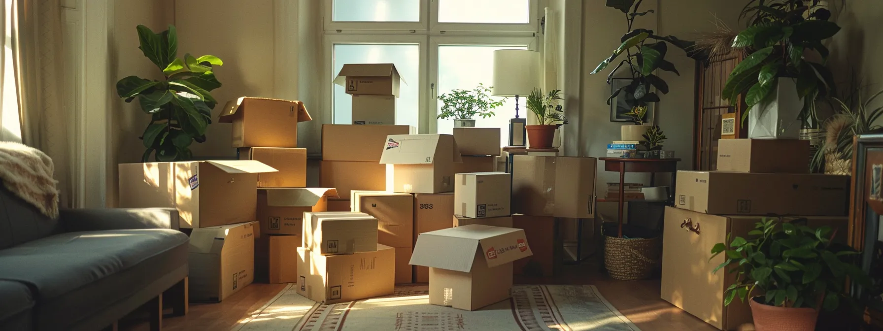 a neatly organized room with labeled moving boxes stacked high, ready for a successful move.