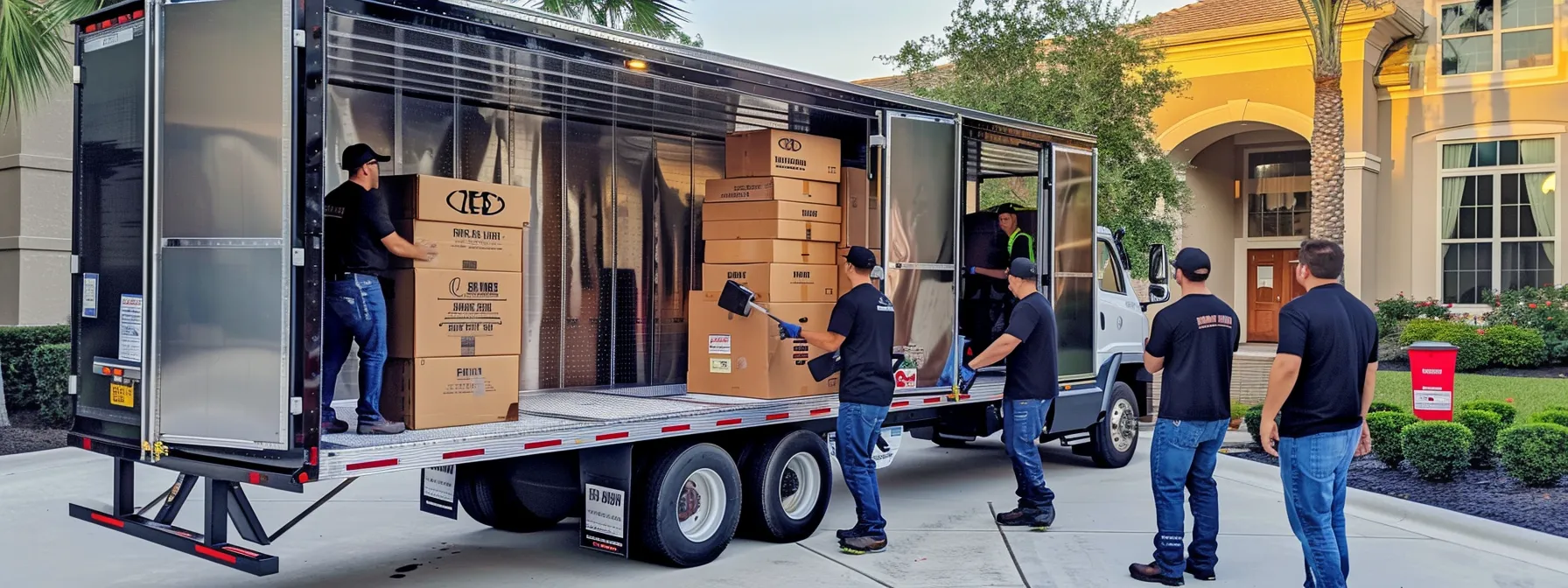 a professional moving team carefully loading boxes and furniture into a sleek moving truck, ready to start a stress-free relocation journey with skinner moving & storage.