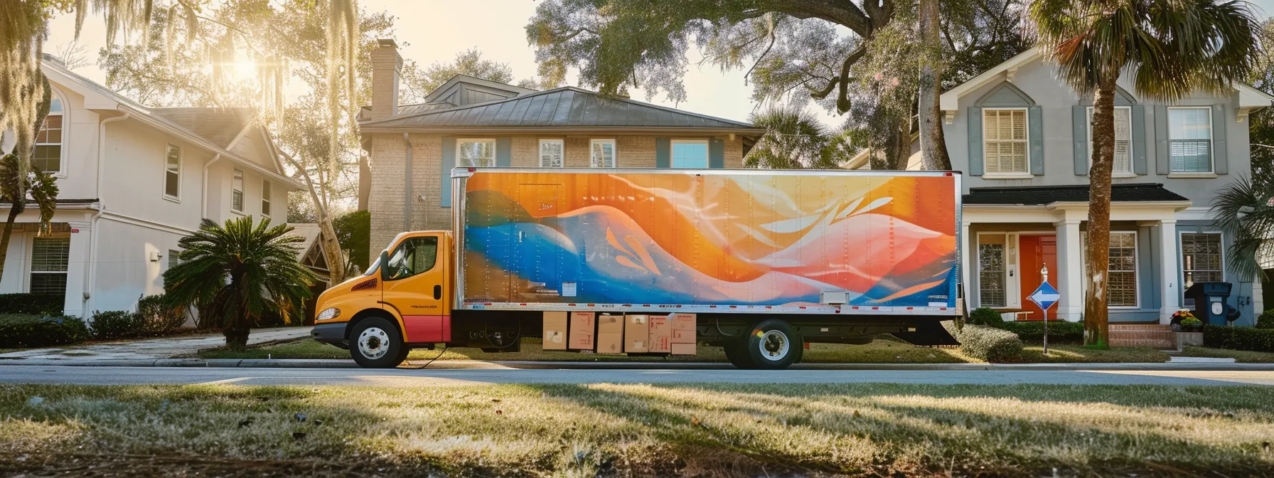 a colorful moving truck parked in front of a sunny jacksonville home, with moving boxes piled high in the driveway.