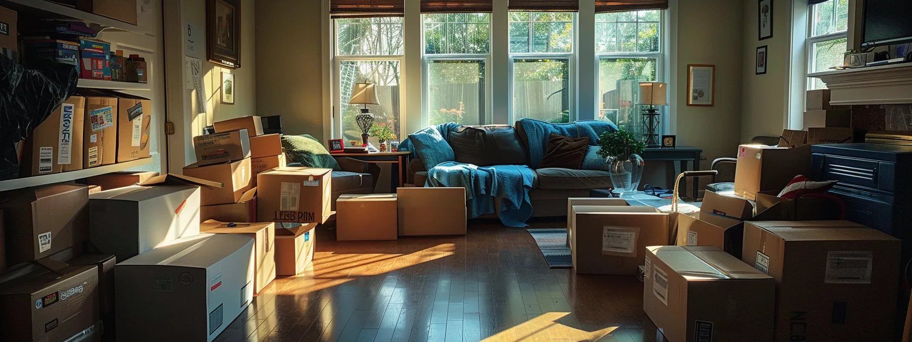 a living room filled with neatly labeled and organized boxes, ready to be moved by professional movers in jacksonville.