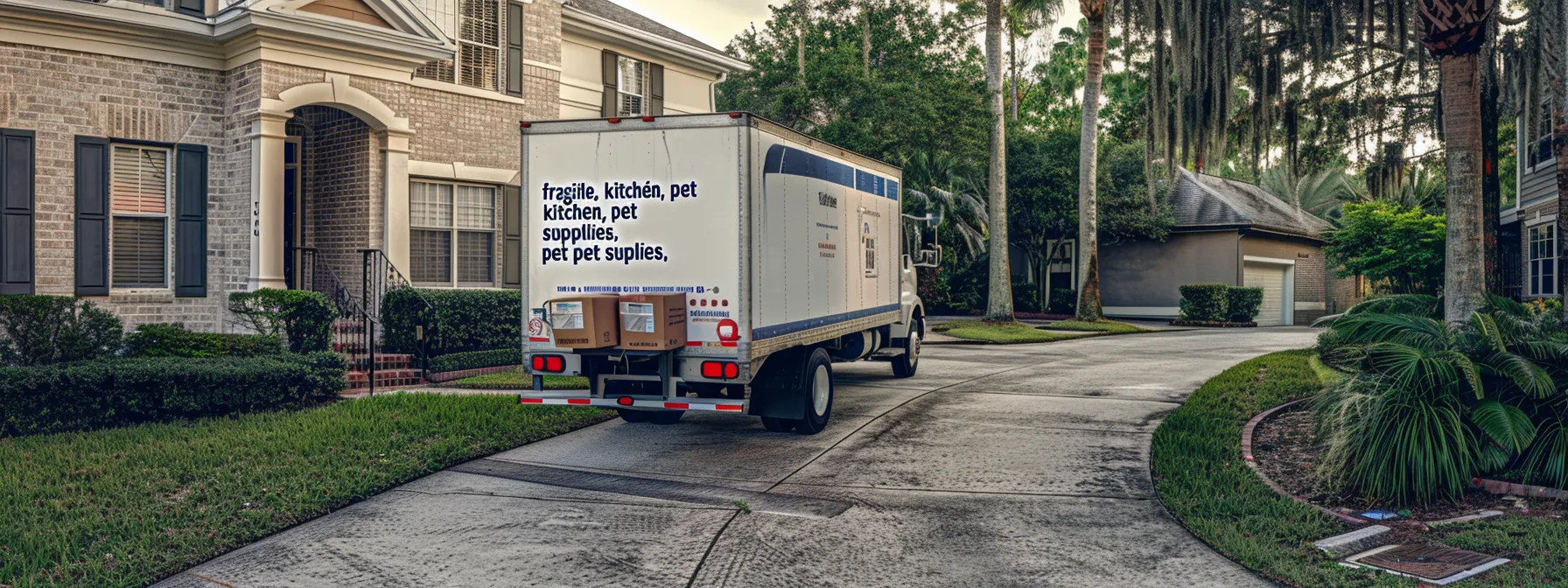 a moving truck parked outside a quaint jacksonville home, filled with boxes labeled 